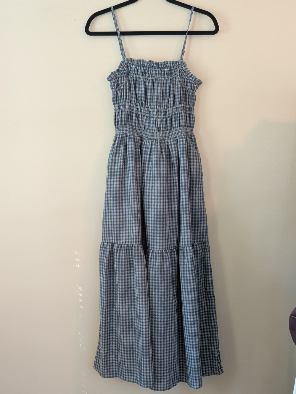 Blue Gingham Smocked Maxi Dress with Spaghetti Straps